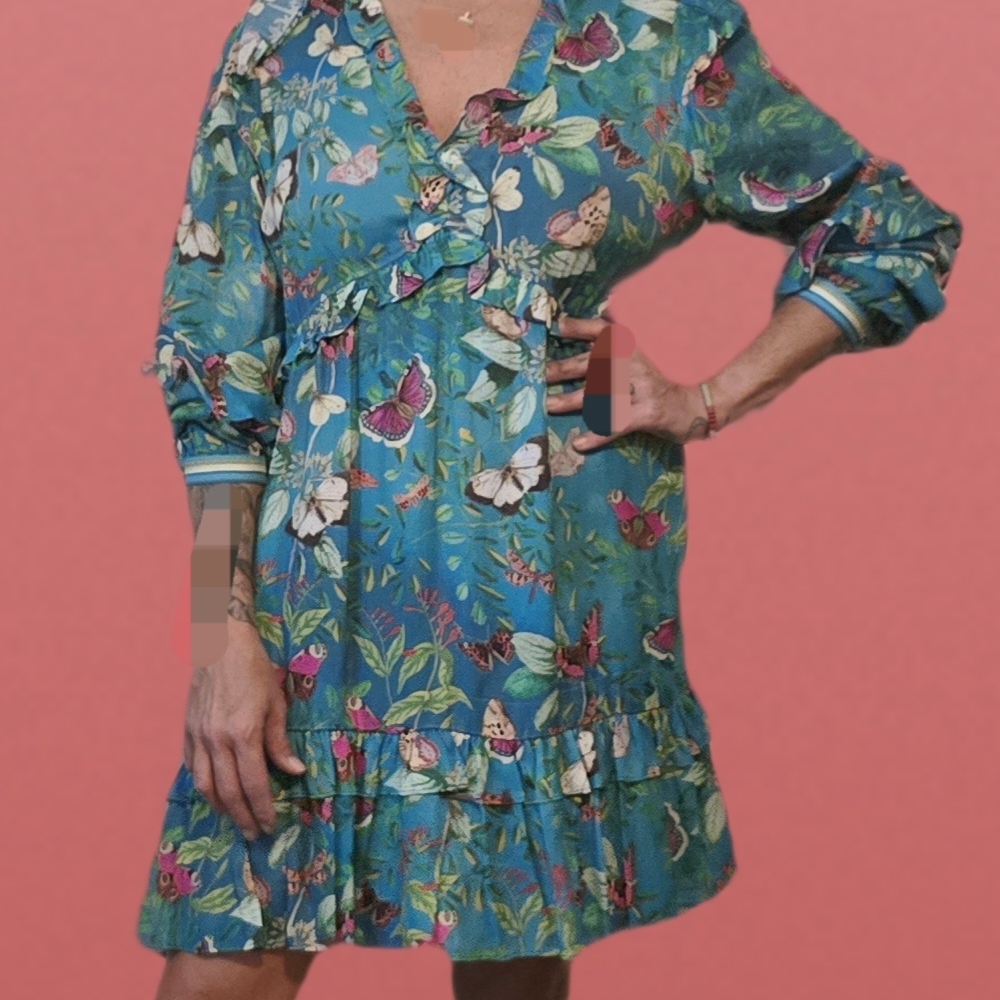Floral Teal Babydoll A-line Botanical Butterfly Dress by Hale Bob